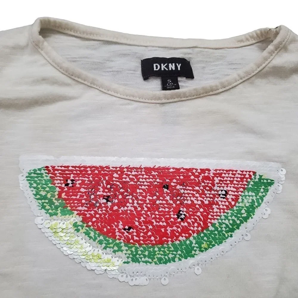 DKNY Girls White Front Knot Watermelon Flip Sequin Shirt - Size 7